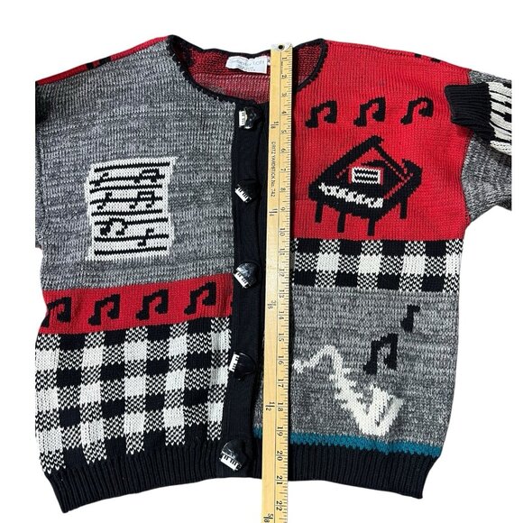 Vintage Sweater Loft Abstract Piano Music Knit Cardigan 80s 90s Art Sweater Med - Picture 8 of 9